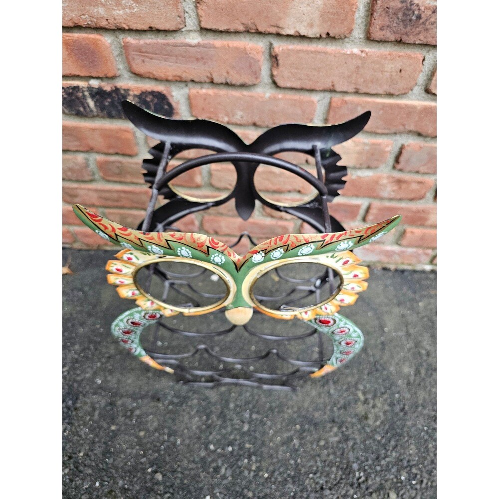 Vintage Owl Metal Wine Rack 9 Bottle Holder Hand Painted 20x15" - Picture 5 of 5